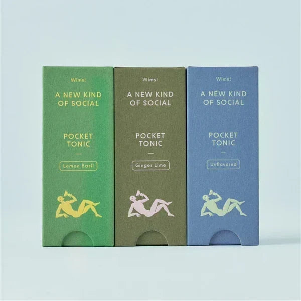 WIMS Pocket Tonic in three flavors: Lemon Basil, Ginger Lime, and Unflavored